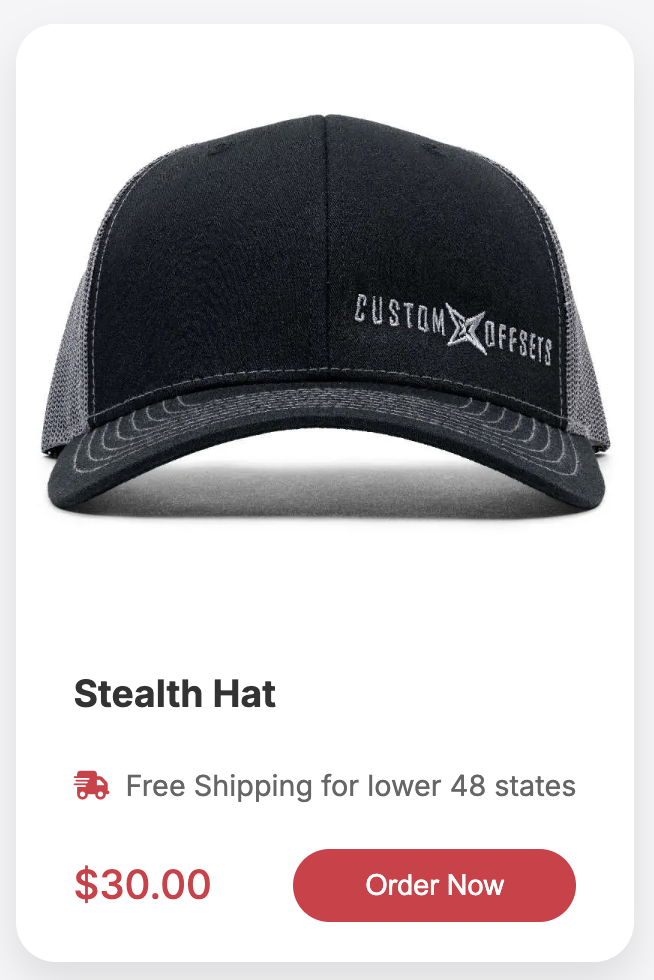 Product card component — Stealth Hat with price, free shipping badge and Order Now CTA